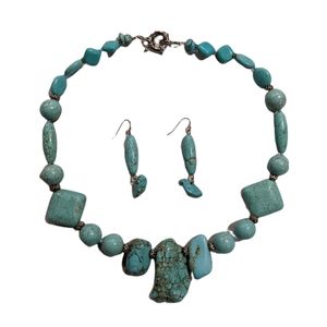 Chunky Genuine Turquoise and Silver Necklace and Earrings Matching Set